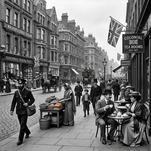 Historical Victorian Era Street Scene with British Imperialism Influence