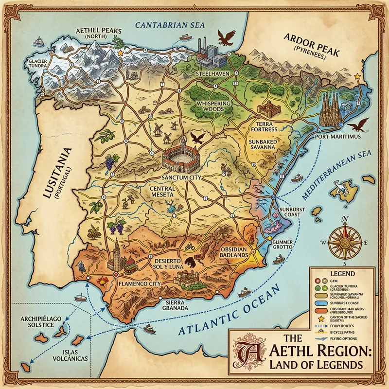 Pokemon-Inspired Map of Spain: Explore Regions with Fictional Cities and Legendary Landmarks