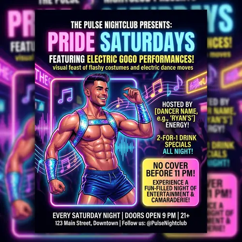 Gay Nightclub | Vibrant Flyer with Muscular Male Gogo Dancer