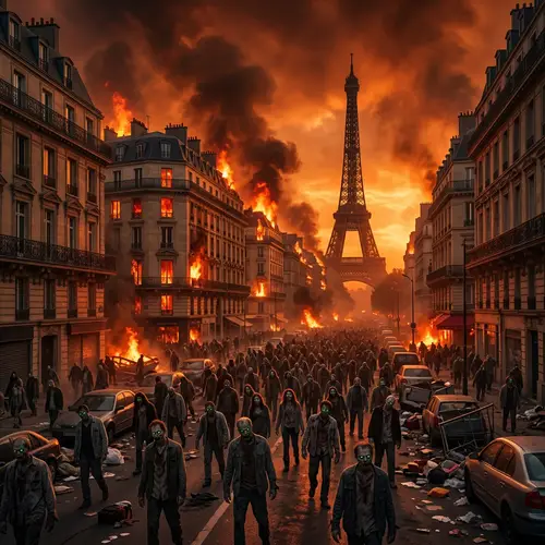 Apocalyptic Scene: City in Flames with Zombie Invasion
