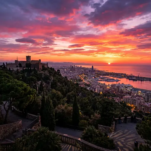 Breathtaking Sunset Over Montjuic, Barcelona - Enchanting Views
