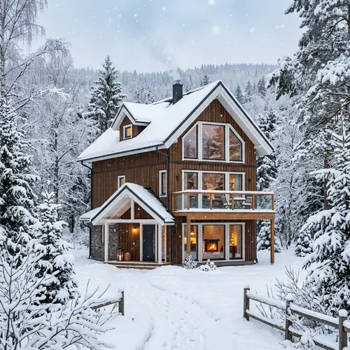 Scandinavian Style Three-Story House in Snowy Forest