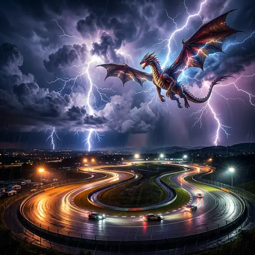 Breathtaking Thunderstorm Scene: Dragon, Racing Track, Dramatic Sky