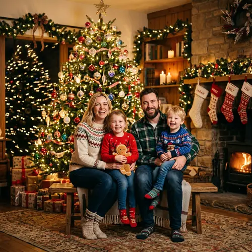 Cozy Family Christmas Photo by the Tree