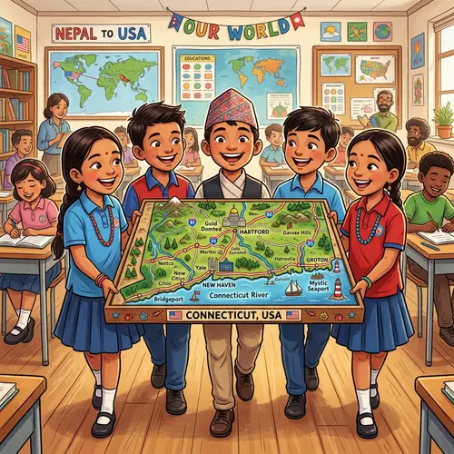 Joyful Nepalese Students with Connecticut Model