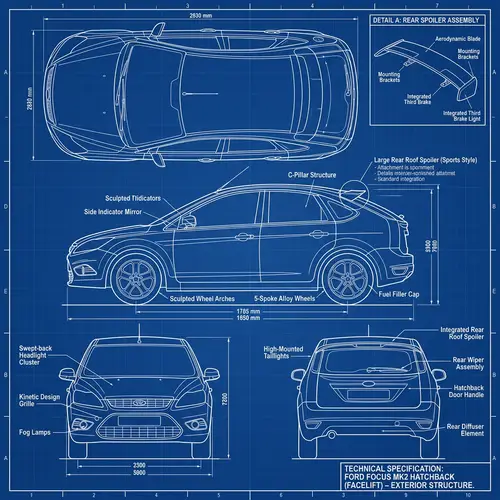 Detailed Blueprint of Ford Focus MK2 with Spoiler
