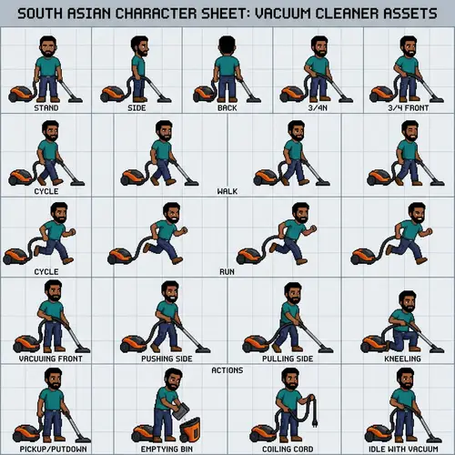 Pixel Art South Asian Man Vacuum Cleaner Character Sheet for Video Game