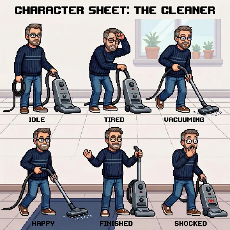 Pixel Art Character Sheet: Middle-Aged Man with Vacuum Cleaner Poses