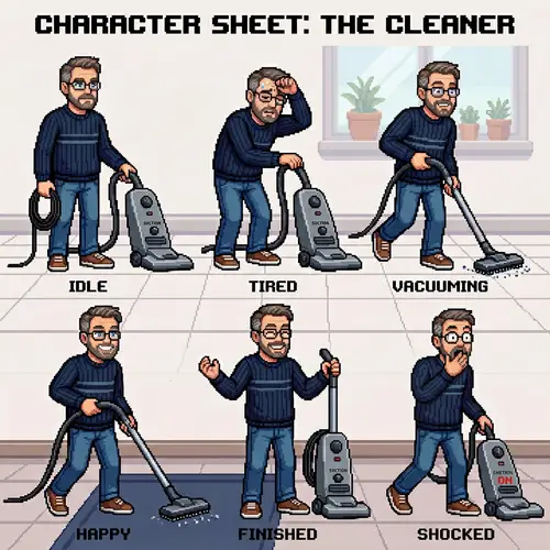 Pixel Art Character Sheet: Middle-Aged Man with Vacuum Cleaner