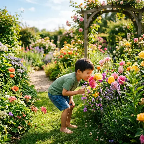 Young Boy Enjoying Floral Fragrance in Lush Garden