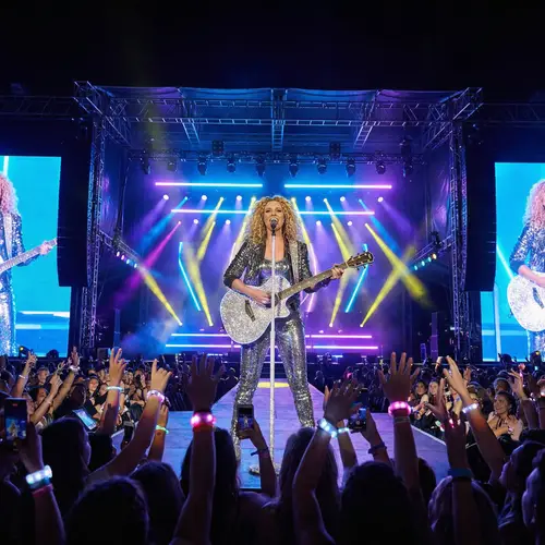 Vibrant Concert Atmosphere with Female Performer Strumming Guitar