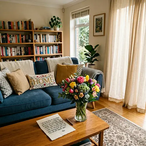Warm Living Room with Apology Letter & Cozy Sofa