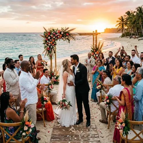 Diverse Beach Wedding Celebration | Multicultural Vows Sealed with a Kiss