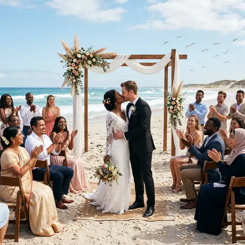 Diverse Wedding Celebration on Sandy Beach | Heartfelt Moment Captured