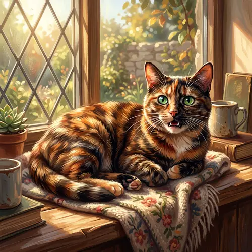 Exquisite Tortoiseshell Cat Digital Art | Vivid Colors & Emerald Eyes