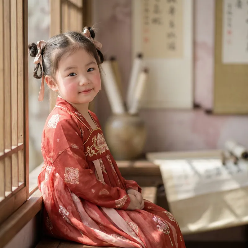 Heartwarming Four-Year-Old Chinese Girl in Red Traditional Hanfu Dress