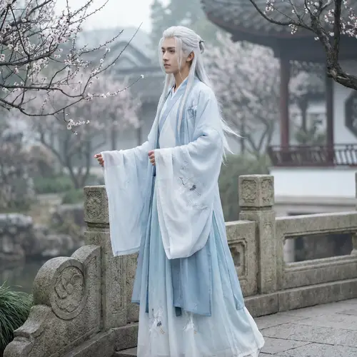 Beautiful Young Man in Traditional Chinese Hanfu with Long White Hair
