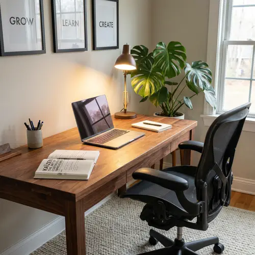 Modern Workspace with Ergonomic Chair and Indoor Plants