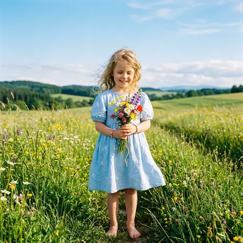 Young Blonde Girl in Baby Blue Dress Holding Wildflowers