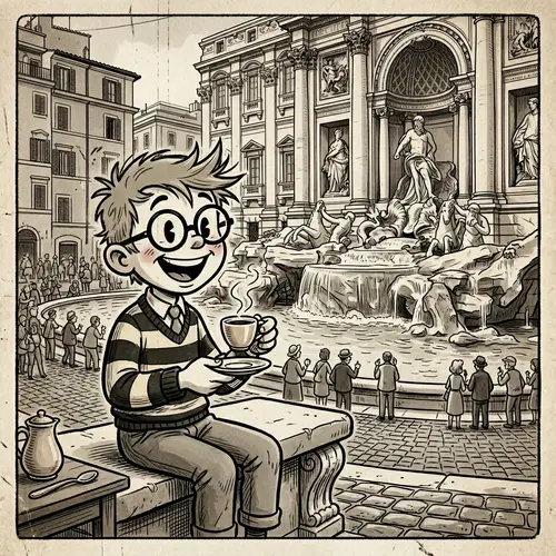 Cheerful Boy Enjoys Coffee at Trevi Fountain
