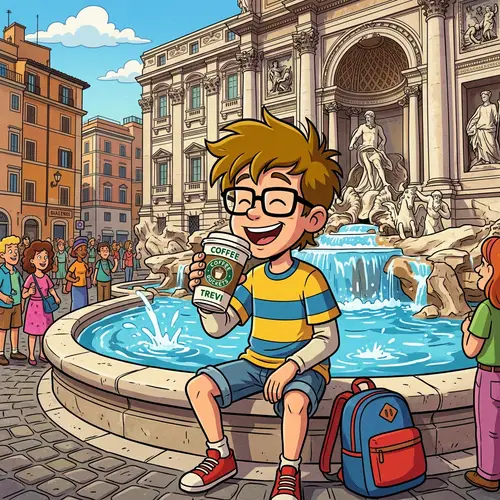 Cheerful Boy Enjoying Coffee at Trevi Fountain
