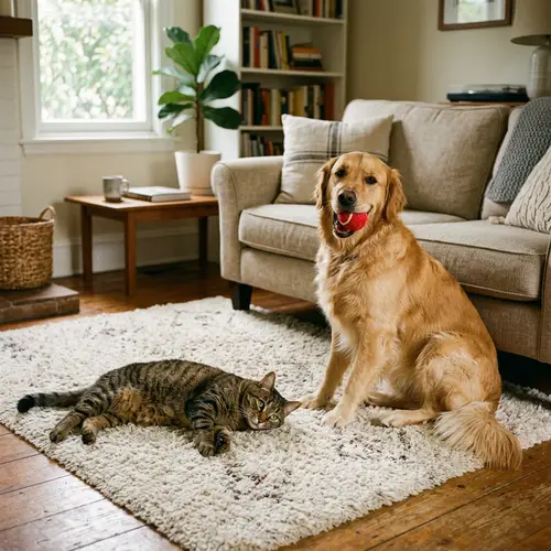 Cozy Friendship Between Cat and Golden Retriever in Living Room