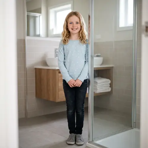 11-Year-Old Caucasian Girl in Shower Smiling | Cute Blonde with Blue Eyes