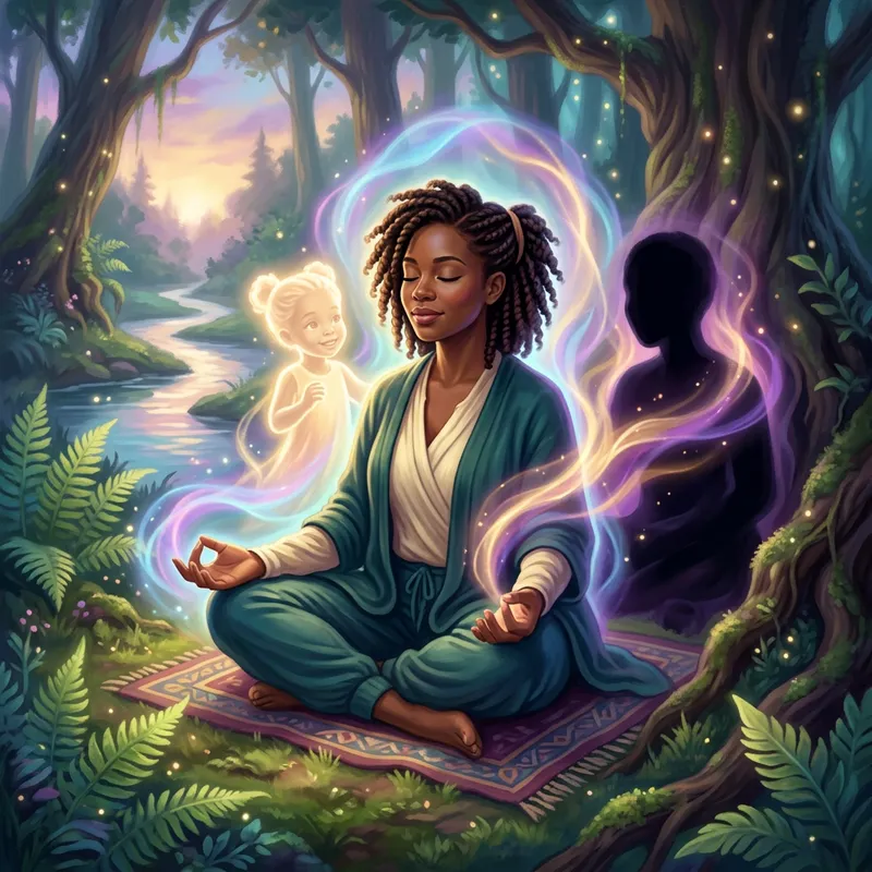 Empowering Illustration: Black Woman Connecting to Higher Self through Spiritual Practice