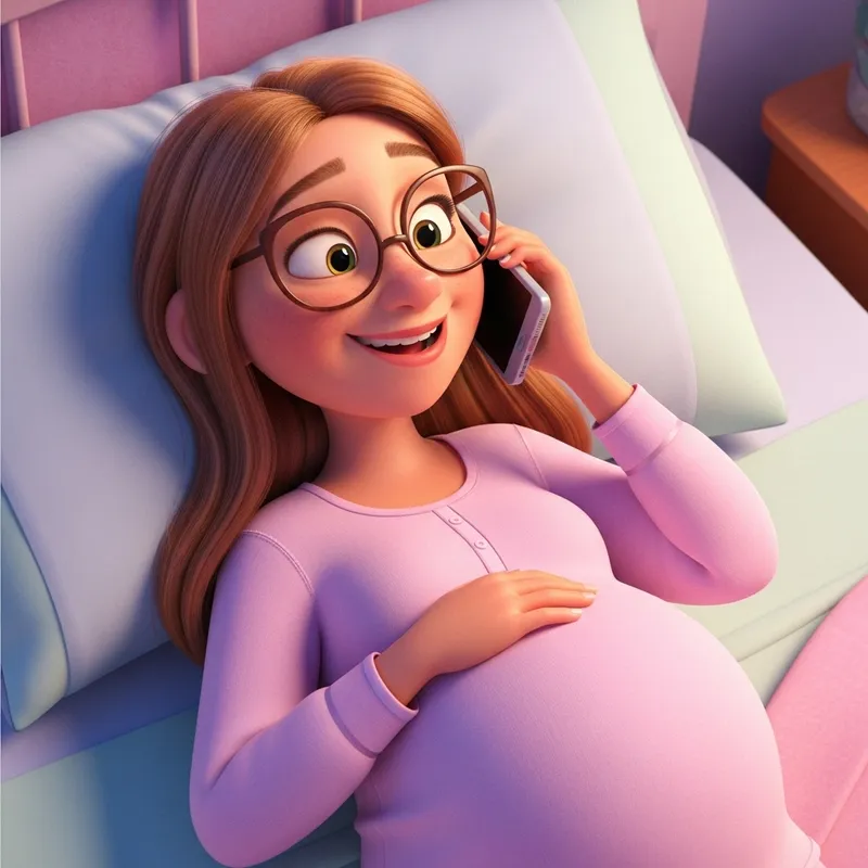 Pregnant Mom in Pixar Style: Relaxing with a Phone