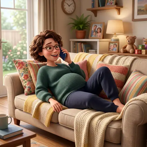 Pregnant Mom in Pixar Style: Relaxing with a Phone