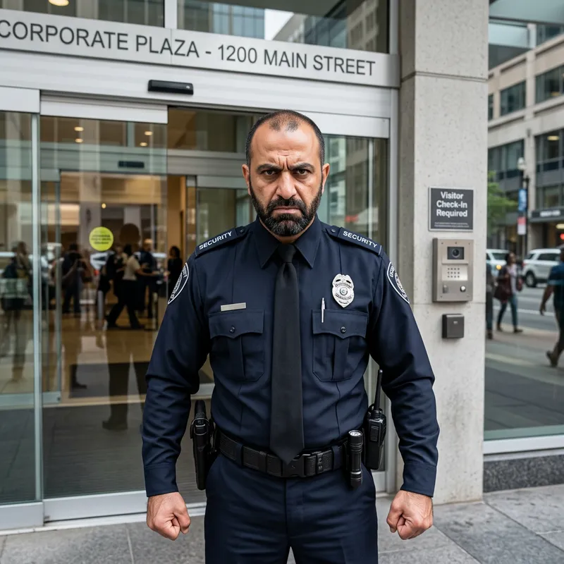 Angry Security Guard | Middle-Eastern Vigilante at Building Entrance Angry Security Guard | Middle-Eastern Vigilante at Building Entrance