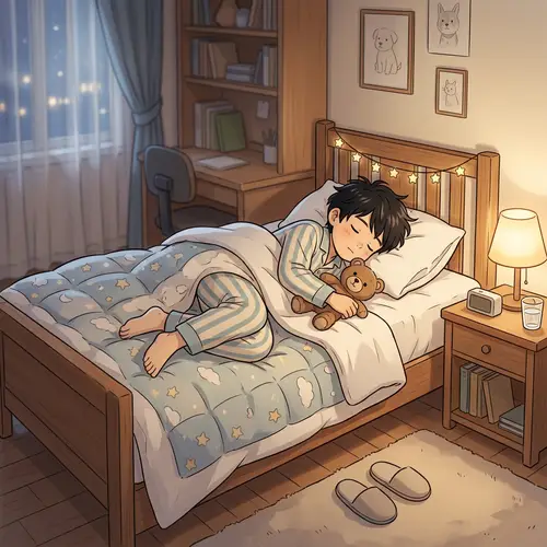 Peaceful East Asian Boy Sleeping in Minimalistic Bedroom