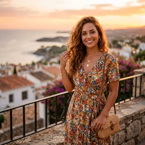 Stunning Hispanic Woman in Floral Sundress at Sunset