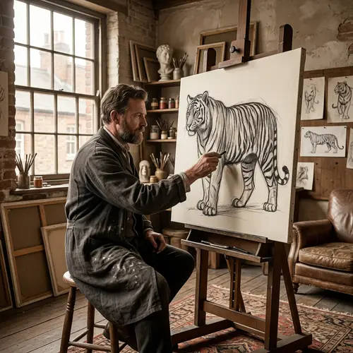 Late 19th Century Realism Painter Sketching Majestic Bengal Tiger