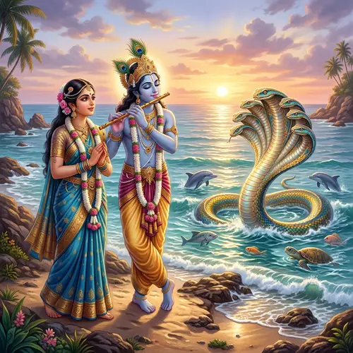 Radha and Krishna by the Vast Ocean: Spiritual Scene