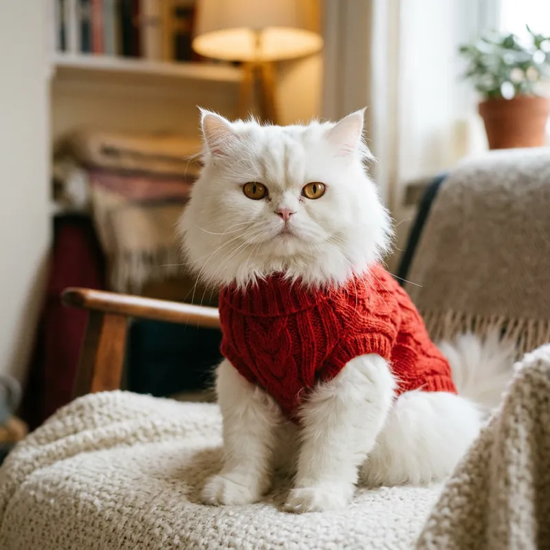 Stylish White Persian Cat in Cozy Red Sweater
