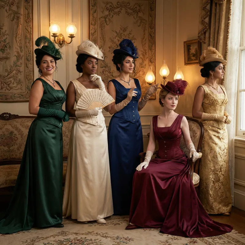 Diverse Belle Epoque Women in Full-Length Satin Dresses