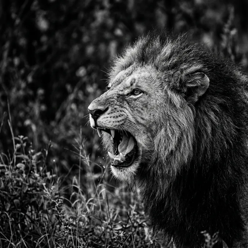 Majestic Lion Roaring Fiercely in High Contrast Black and White