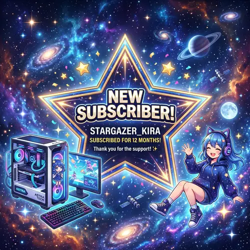 Star-Shaped Twitch Alert with Space Background and Anime-Style Gaming PC