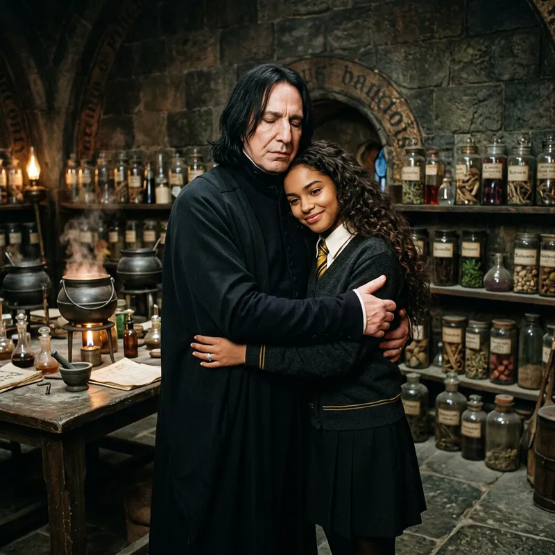 Severus Snape Embracing Beautiful Girl in Hogwarts Potion Brewing Chamber