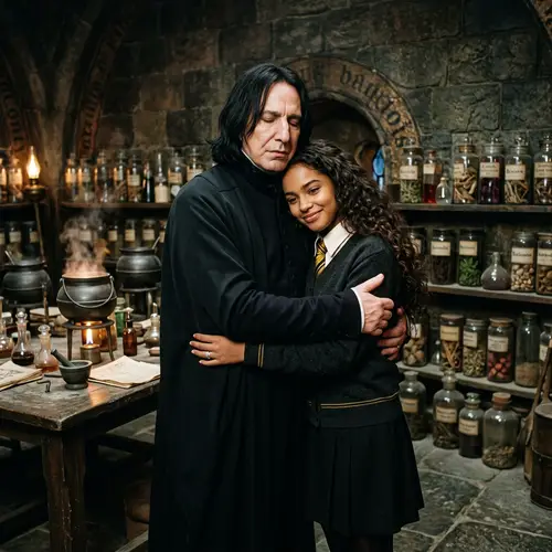 Severus Snape Embracing Girl in Dimly Lit Hogwarts Room