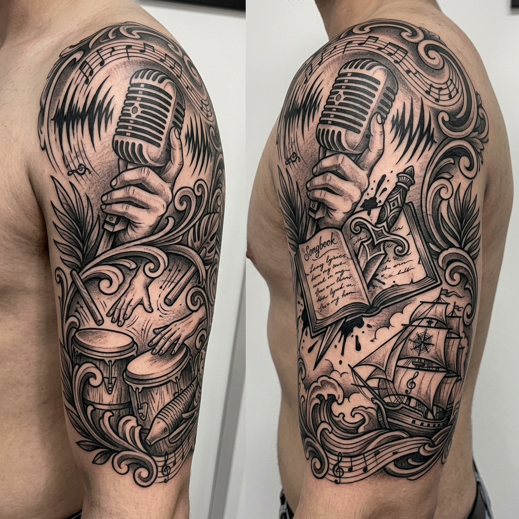 Vibrant Rap Tattoo Design: Stylized Mic & Iconic Elements | AI Art