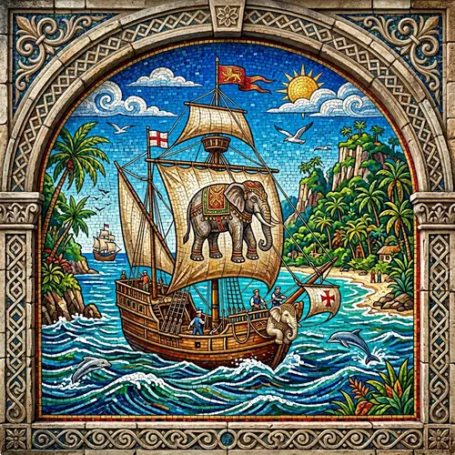 Medieval Ship Mosaic Sailing to Tropical Islands with Elephants