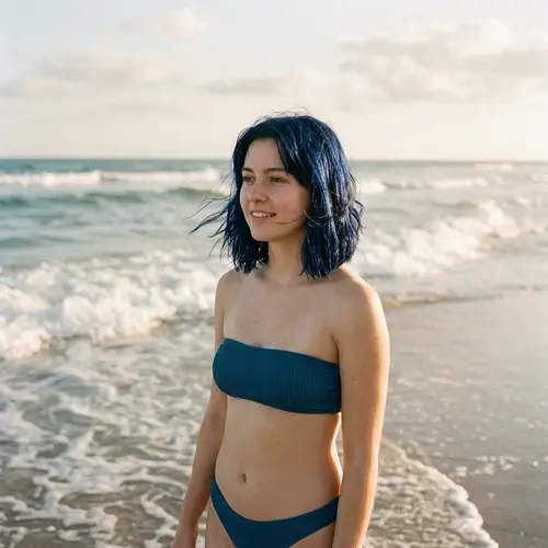 Stylish Young Woman in Dark Blue Bikini by the Beach