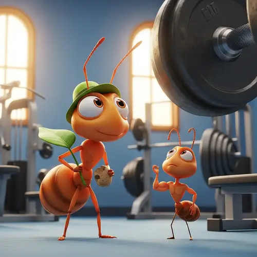 Whimsical Cartoon Ant in a Gym - Easy Peasy