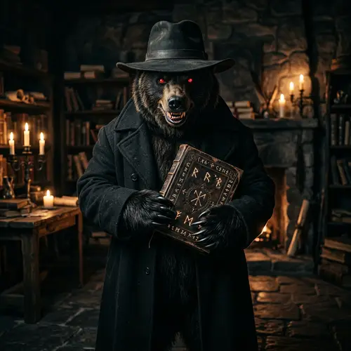 Mysterious Menacing Bear with Ancient Book
