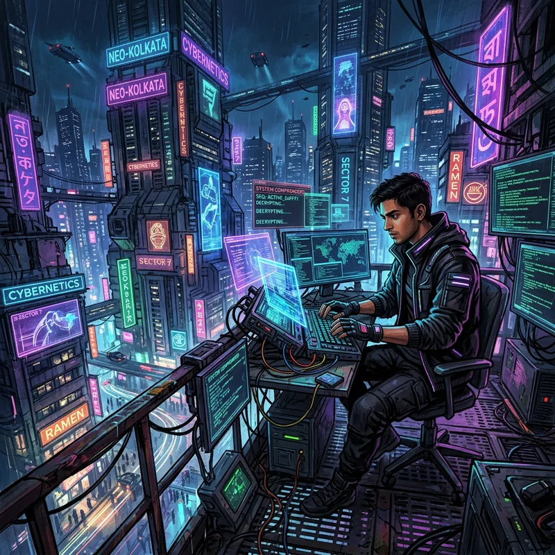 Cyberpunk Cityscape: Hacker in Neon-lit Futuristic World