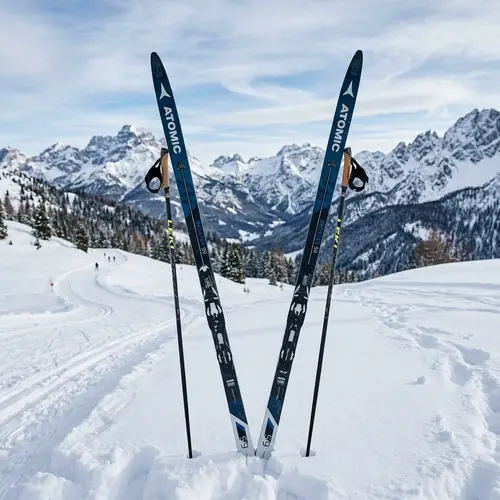 Vertical Cross-Country Skis on Snowy Landscape