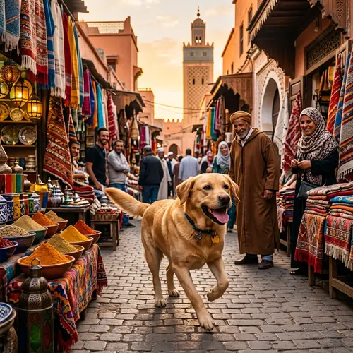 Energetic Labrador Retriever Running in Vibrant Moroccan Streets