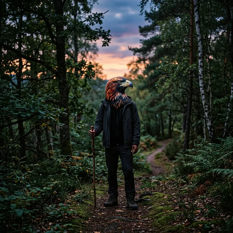 Surreal Eagle-Human Hybrid in Serene Forest Scene